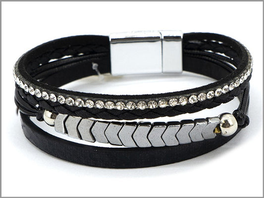 Four Leather Strand w/ Metal Chevron Bracelet