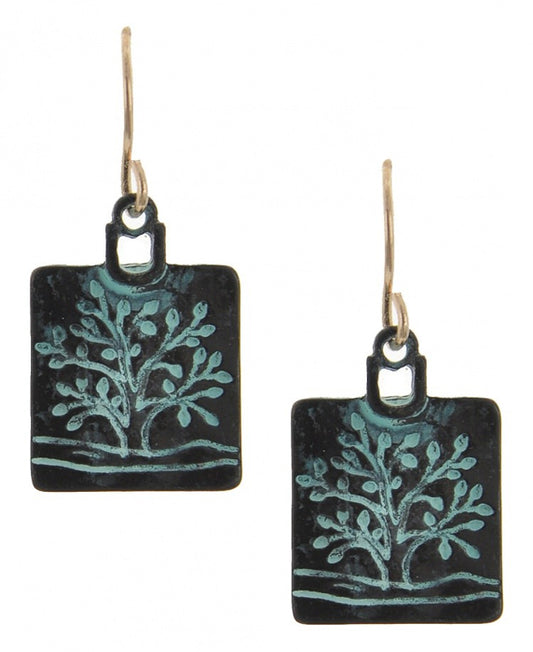 Square Tree Of Life Patina Earrings