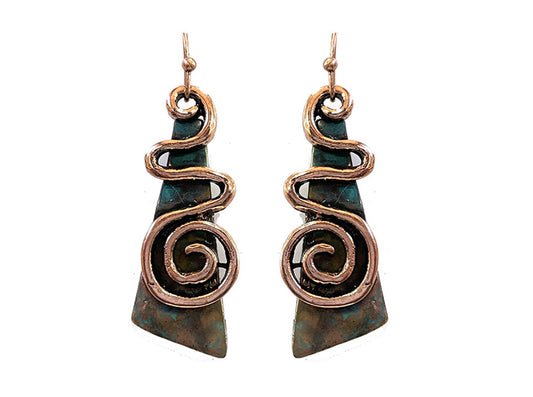 Patina Long Triangle w/ Swirl Earring