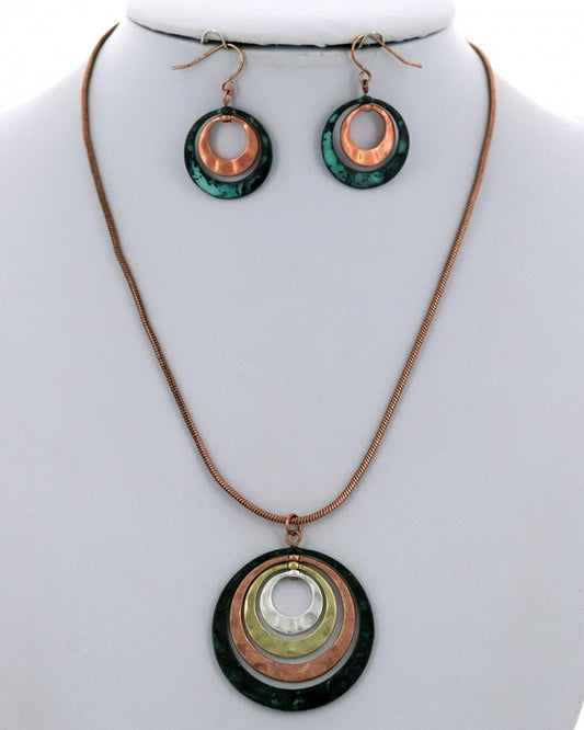 Four Embedded Circles Multipatina Necklace Earring Set