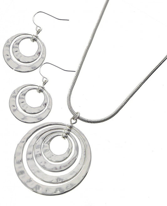 Four Embedded Circles Silver Necklace Earring Set