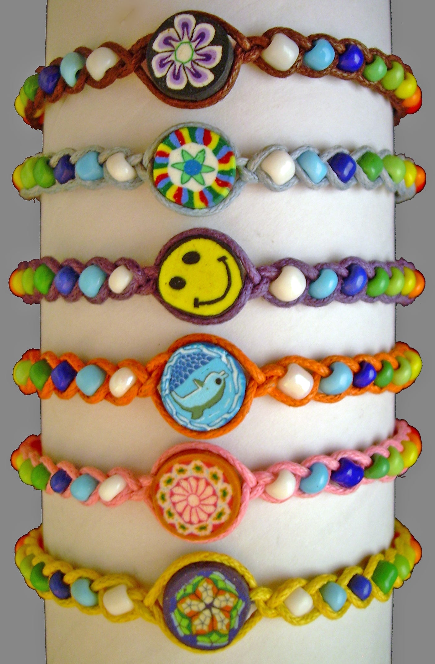 Nylon Rainbow w/ Fimo Beads Tie On Bracelet