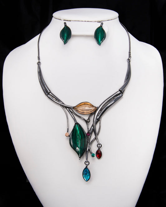 Dark Multicolor Stone Leave Necklace/Earring Set