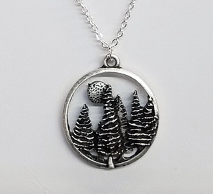 Trees w/ Moon Scene - Circle Necklace