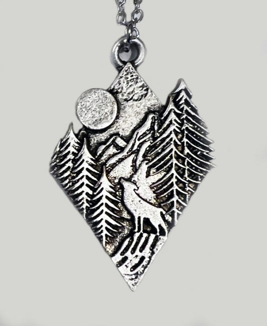 Wolf w/ Trees &amp; Moon - Triangle Design Necklace