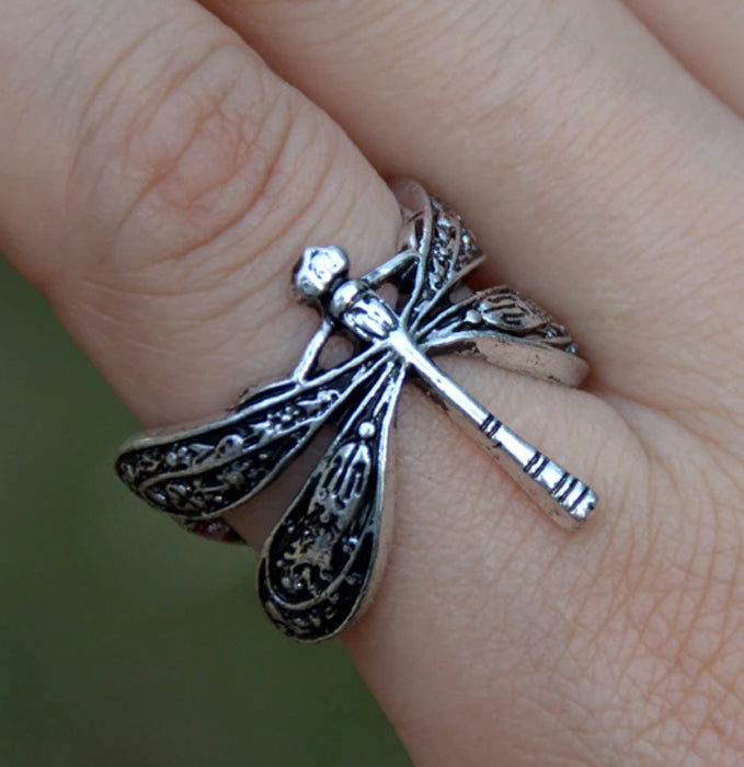 Silver Dragonfly Wrap Metal Ring