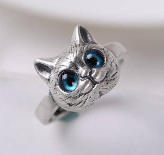Silver Cat w/ Blue Eyes Adjustable Metal Ring