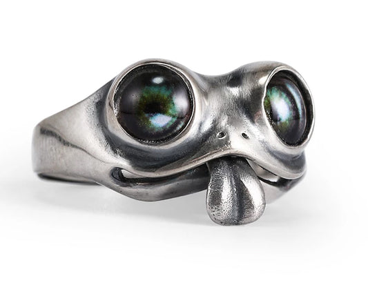 Frog w/ Green Eyes - Movable Tongue Adjustable Metal Ring