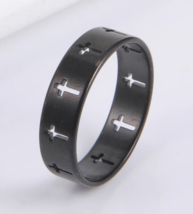 Many Cross Cutout Band Stainless Steel Ring