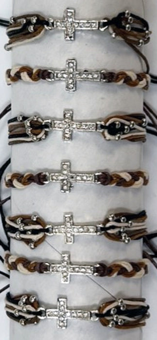 Woven Cord Earth Tones Crystal Cross Slider Bracelets