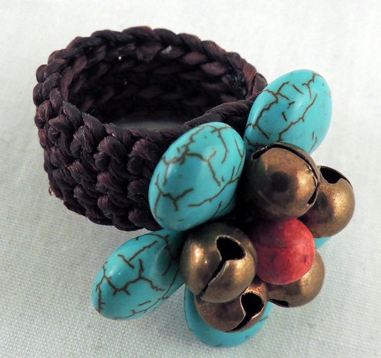 Woven Cord Turquoise Flower Ring