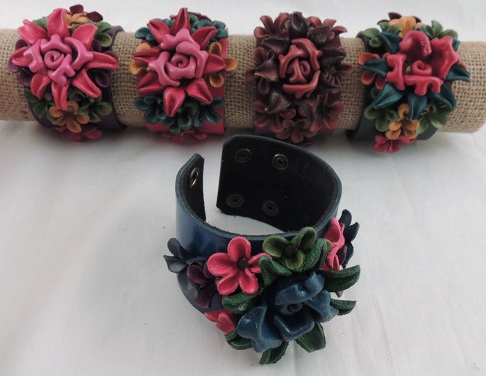 Wide Leather Flower Bracelet