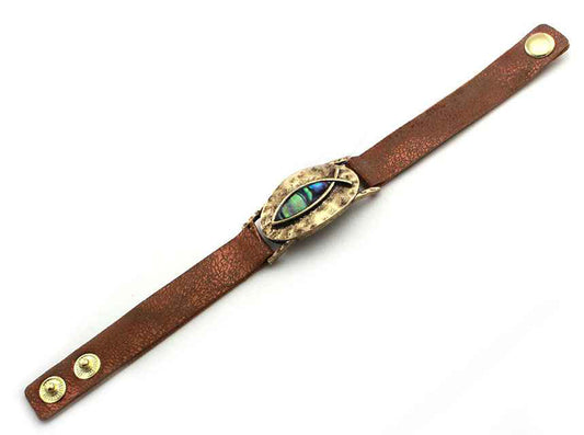 Metal Fish w/ Abalone Gold Leather Bracelet