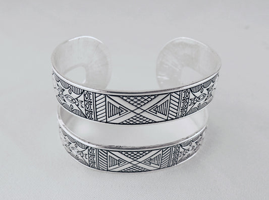 Silver Wide Tribal Double Band Cuff Bracelet