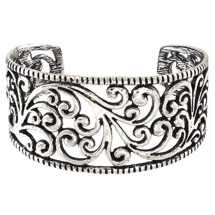 Silver Wide Cutout Floral Cuff Bracelet