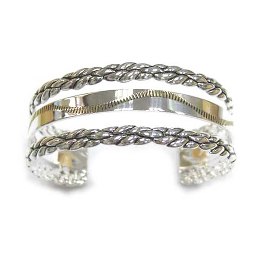 Silver & Gold Triple Band Ornate Cuff Bracelet