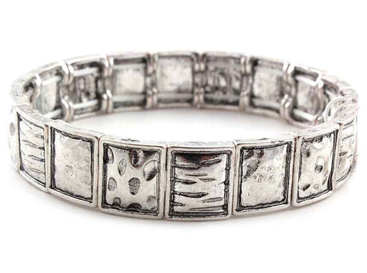 Silver Small Textured Squares Stretch Bracelet