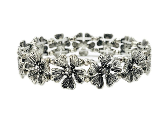 Flowers w/ Crystals Stretch Bracelet - Silver