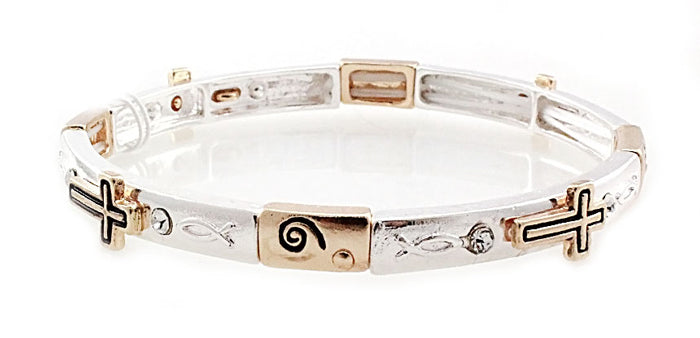 Cross & Fish Stretch Bracelet - Silver