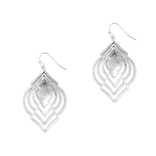 Triple Ornate Oval - Hanging Pendant Earring - Silver