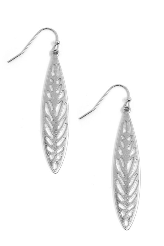 Narrow Leaf Cutout Earrings - Silver