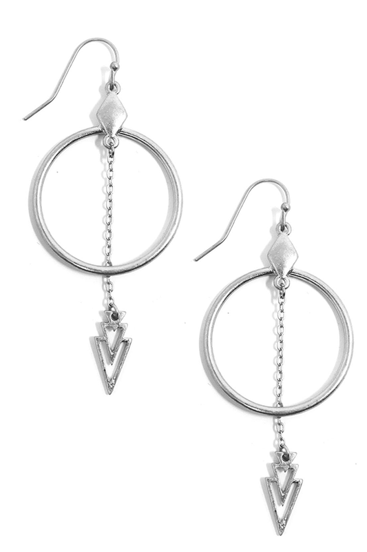 Silver Circle w/ Arrow on Chain Metal Earrings