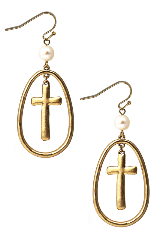 Cross w/ Oval Ring Earrings - Gold