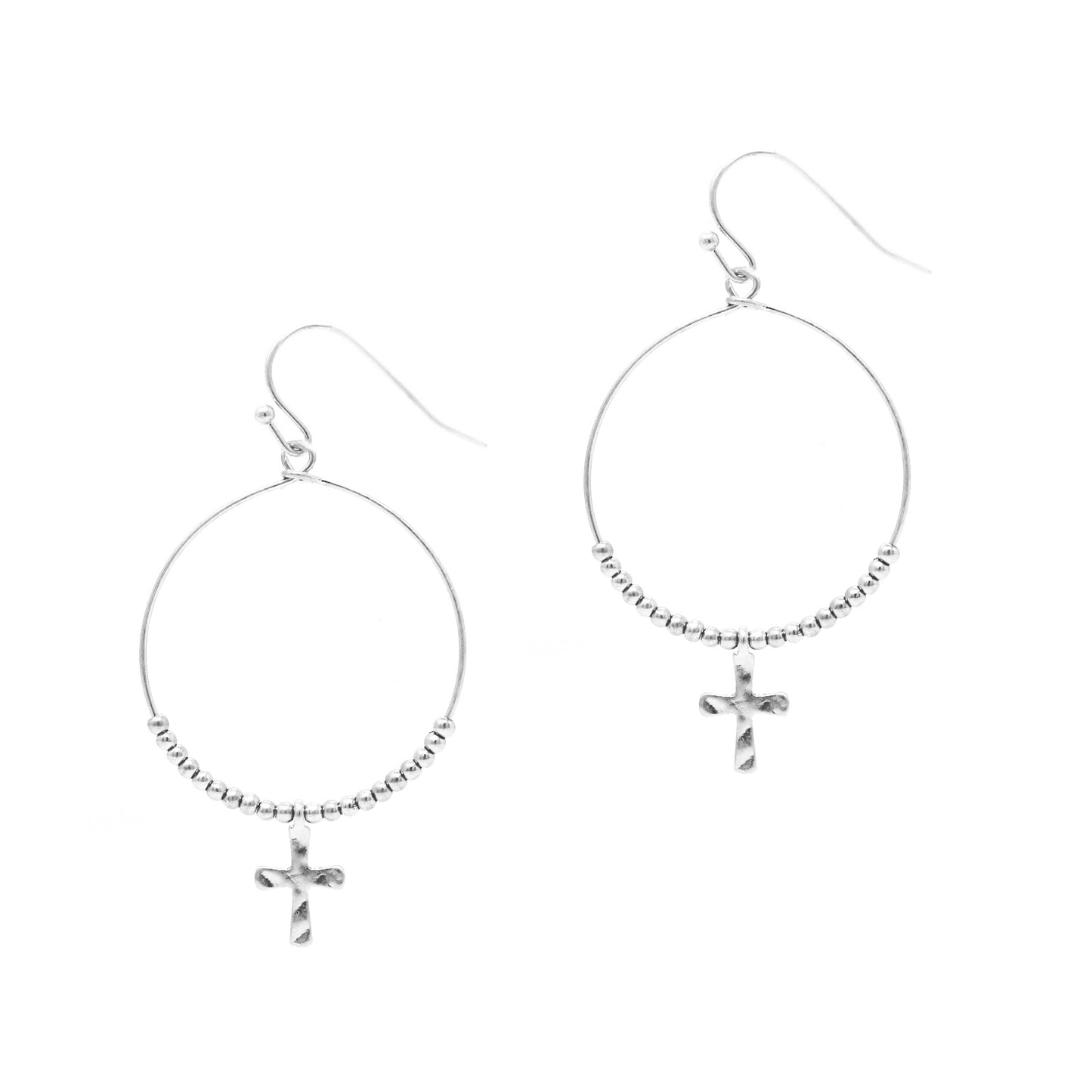 Hoop w/ Beads - Cross - Silver Earrings