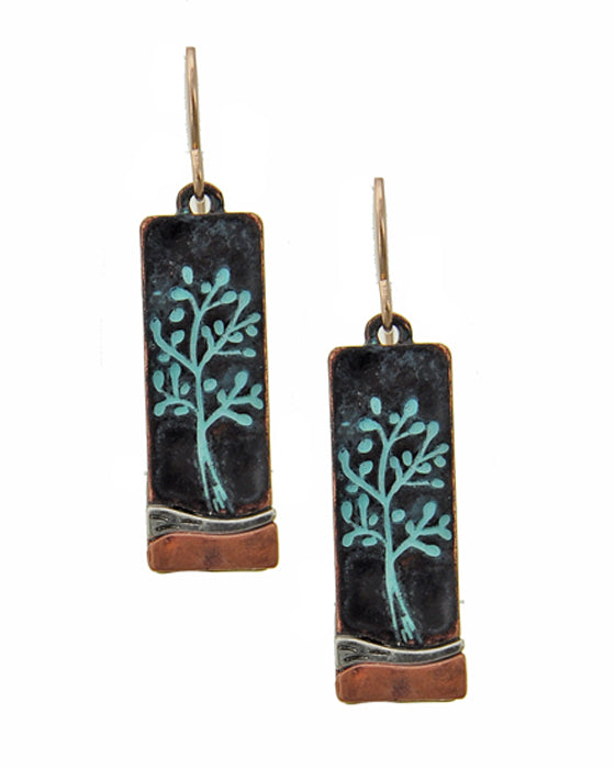 Rectangle Tree of Life Earrings - Patina