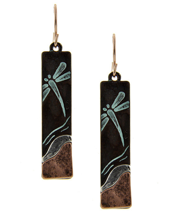 Rectangle Dragonfly Earrings - Patina