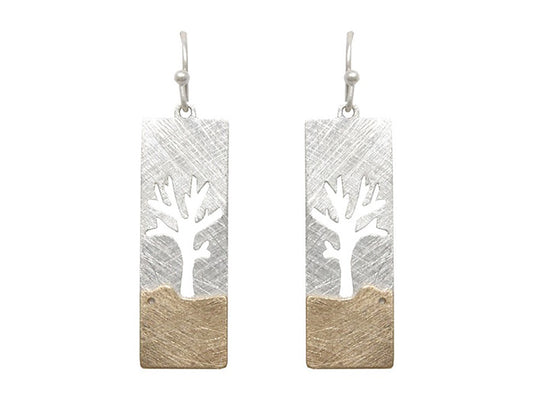 Tree Cutout - Rectangle Earrings - Silver