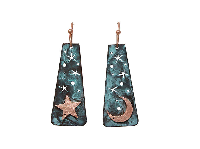 Moon/Star Pyramid Earrings - Patina