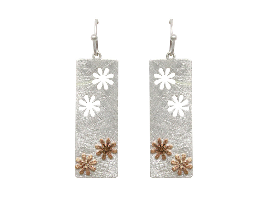 Flowers on Rectangle Earrings - Silver w/ Gold