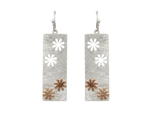 Flowers on Rectangle Earrings - Silver w/ Gold