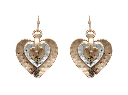 Triple Embedded Heart Earrings - Gold