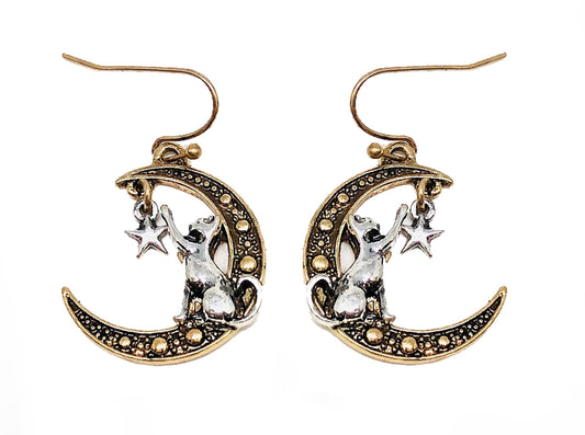 Cat w/ Moon/Star Earrings - Gold