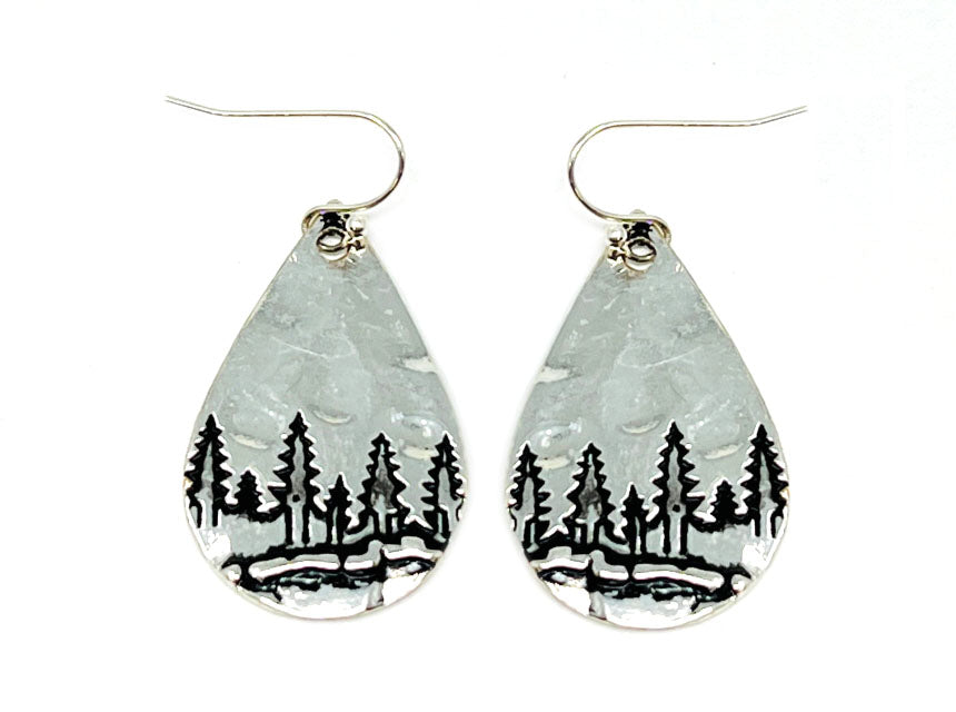 Teardrop Mountain Scene Earrings - Silver
