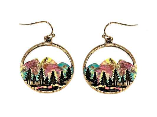 Circle Mountain Scene Earrings - Gold