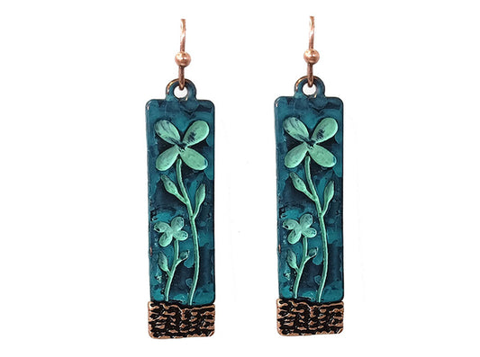 Flowers on Rectangle Earrings - Patina