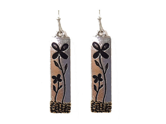 Flowers on Rectangle Earrings - Silver