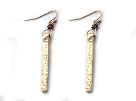 Narrow Rectangle Hammered Earrings - Gold