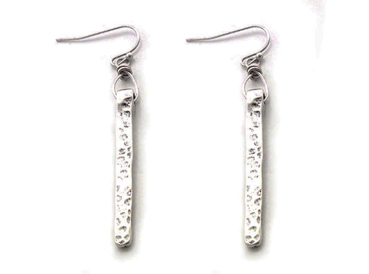 Narrow Rectangle Hammered Earrings - Silver