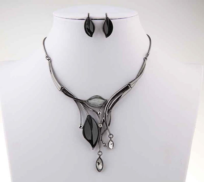 Black Stone Leaves Necklace/Earring Set