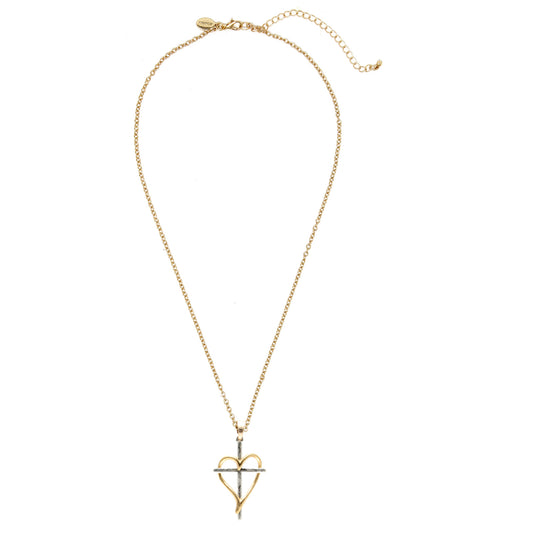 Heart Wrapped Cross - Gold w/ Silver Necklace