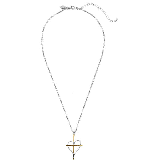 Heart Wrapped Cross - Silver w/ Gold Necklace