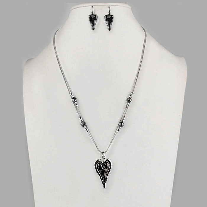 Embedded Heart - Hematite - Double Chain Necklace