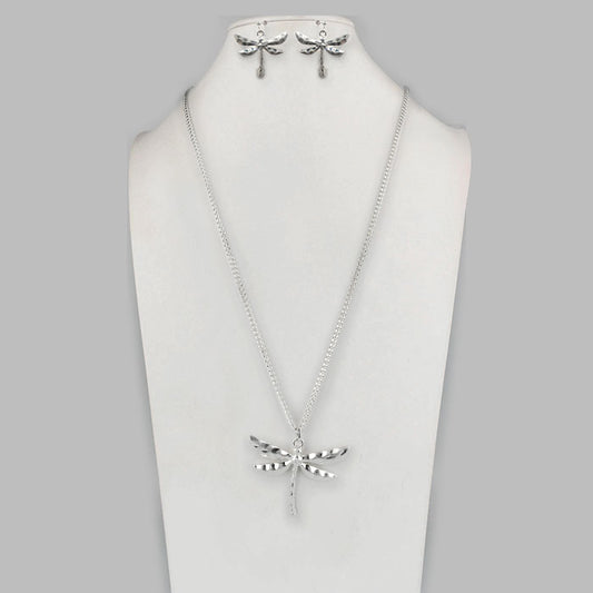 Long - Hammered Dragonfly - Silver Necklace