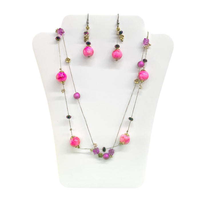 Threaded Hot Pink and White Bead N/E Set