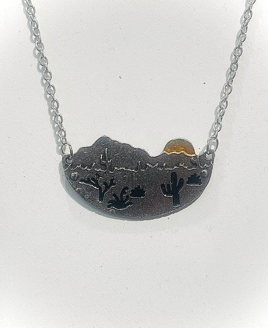 Silver Desert Landscape Half Circle Metal Necklace