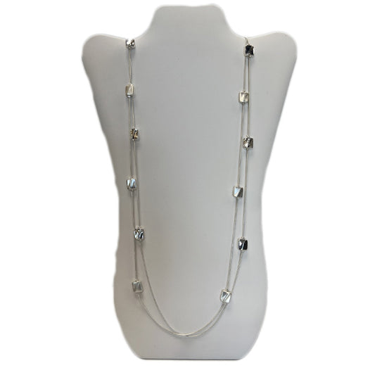 Square Beads - Double Strand - Long - Silver Necklace